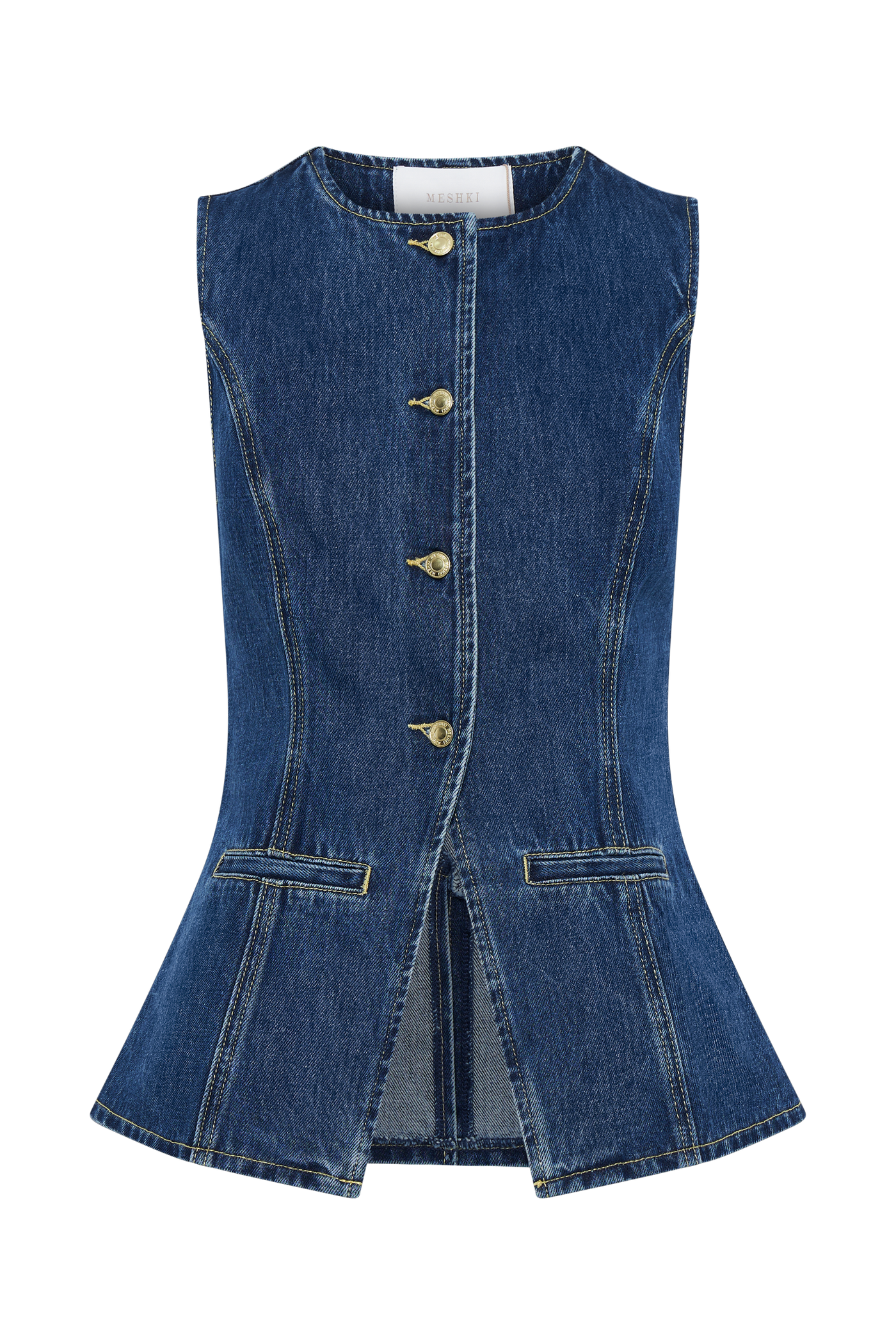 Blue denim sleeveless vest with gold button placket and front patch pockets
