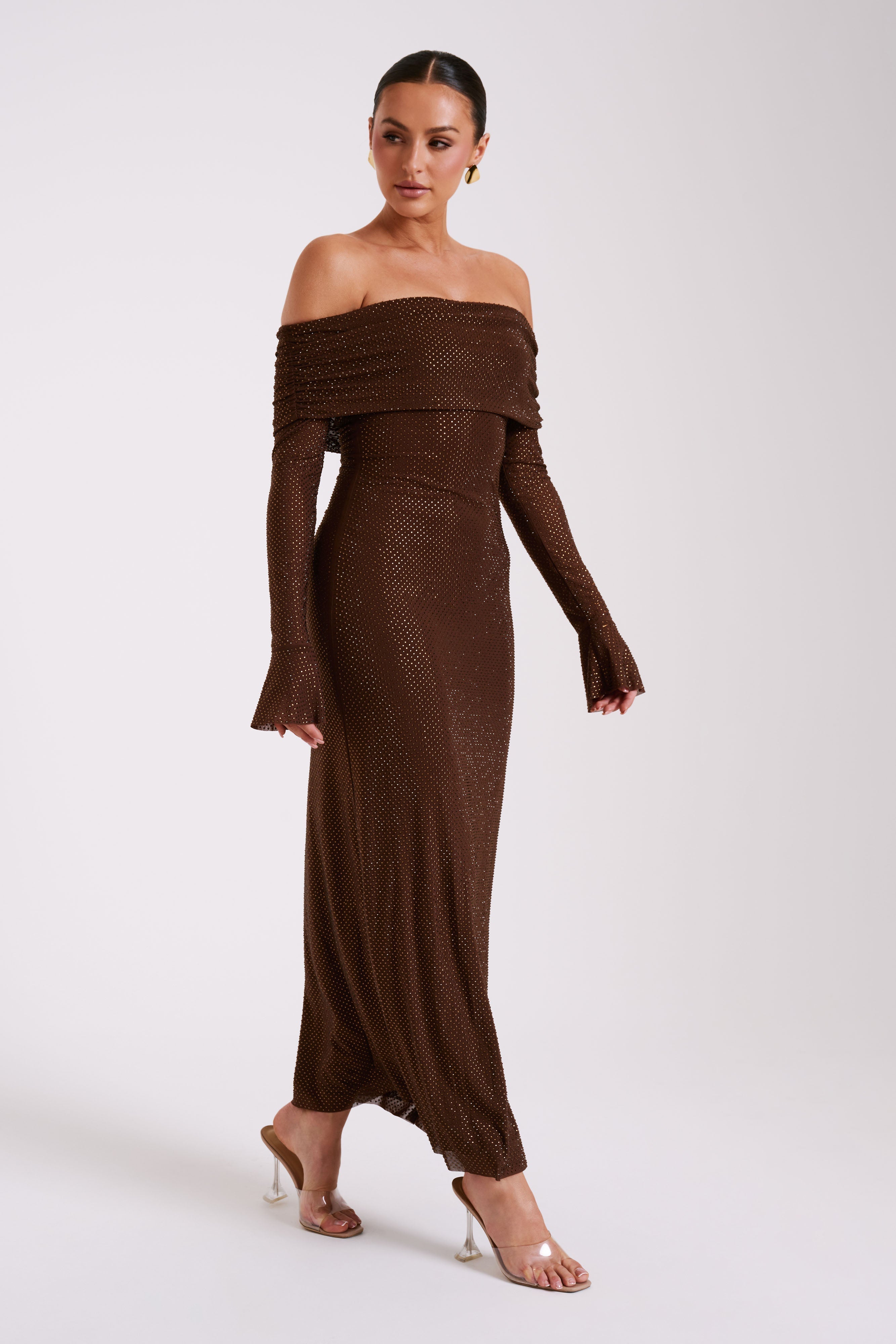 Brown sequin off-shoulder maxi dress with long sleeves, bell cuffs, bodycon shape