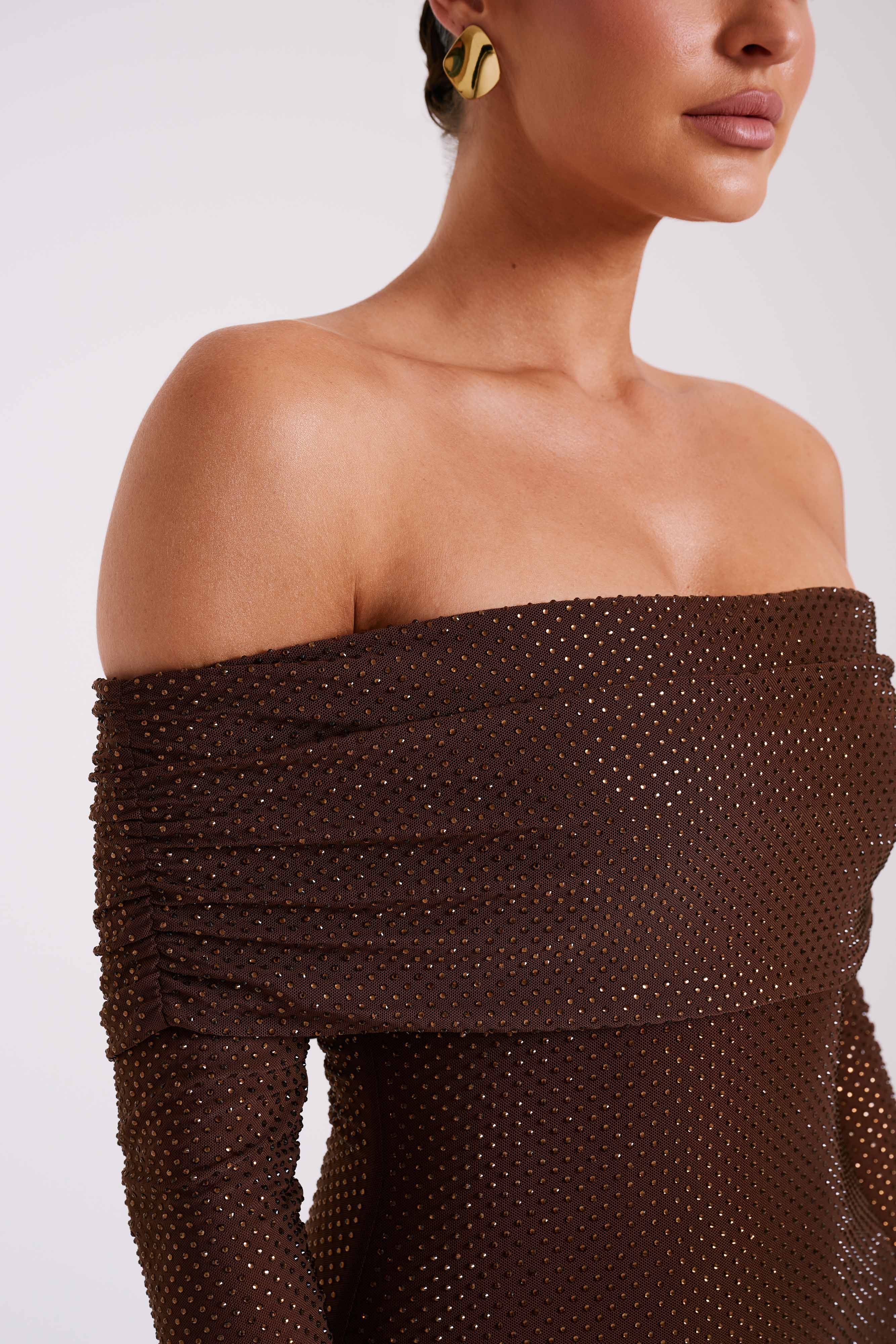 Brown sequin off-shoulder long-sleeve bodycon maxi dress with folded neckline