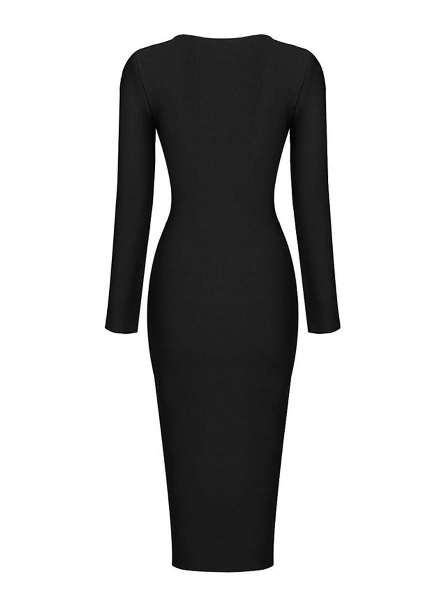 Black long-sleeve bandage midi dress, rounded back, fitted pencil silhouette
