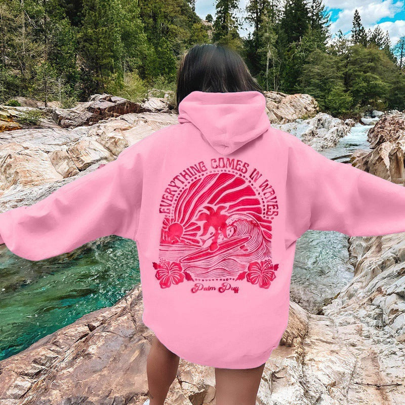 Surf Graphic Hoodie for Women — Oversized Back Print Pullover in Cotton Fleece