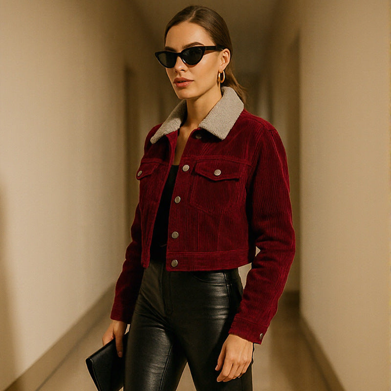 Burgundy corduroy cropped trucker jacket with sherpa collar and chest flap pockets
