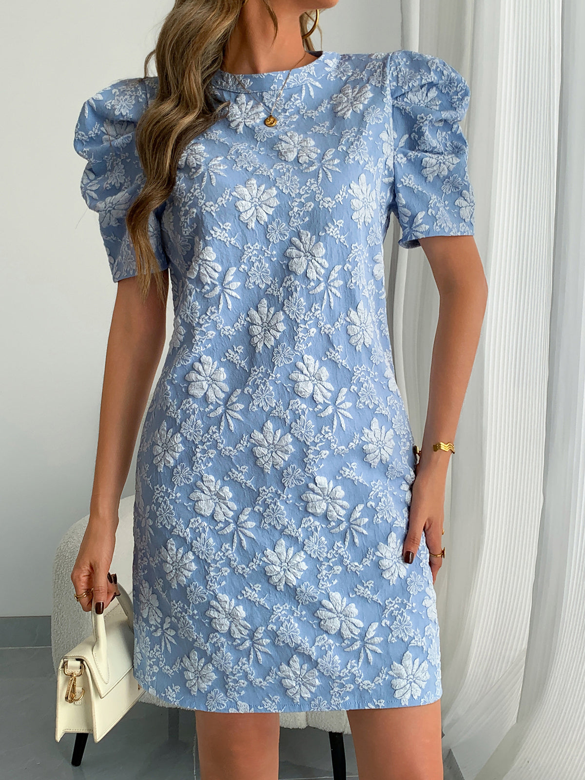 Floral Jacquard Mini Dress — Short Puff Sleeve A Line Shift for Weddings