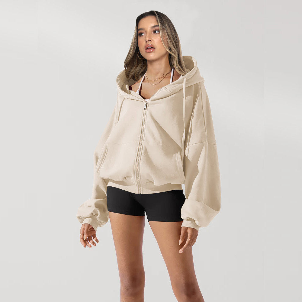 Women’s zip-front hooded sweatshirt, light apricot, adjustable hood