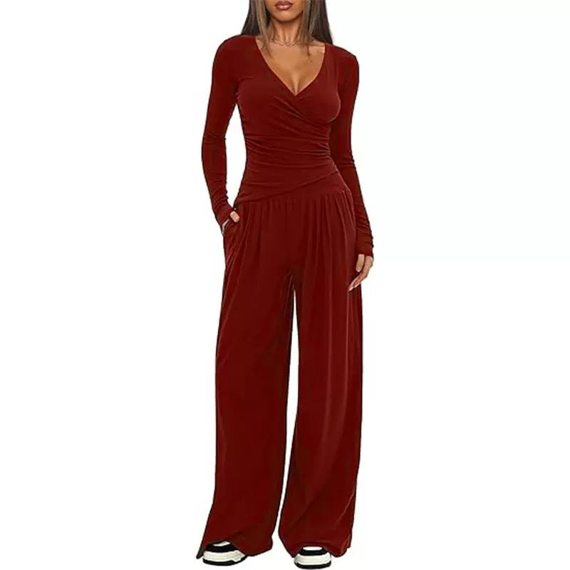 Women’s relaxed wide-leg pants with elastic waistband, burgundy drape
