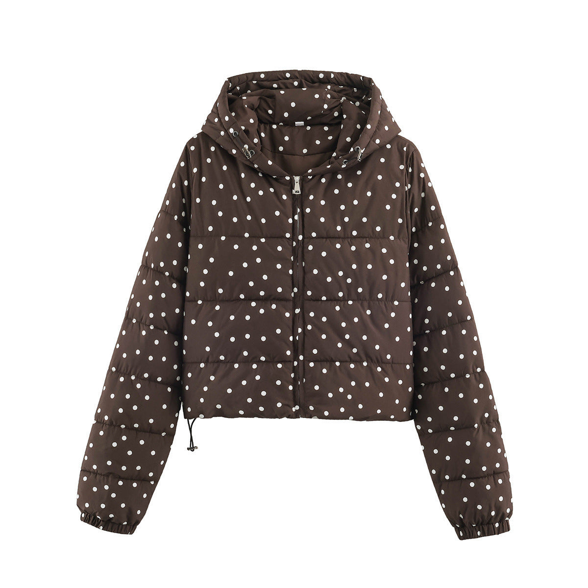 Brown short hooded polka-dot cotton puffer jacket with front zipper and drawcord hem