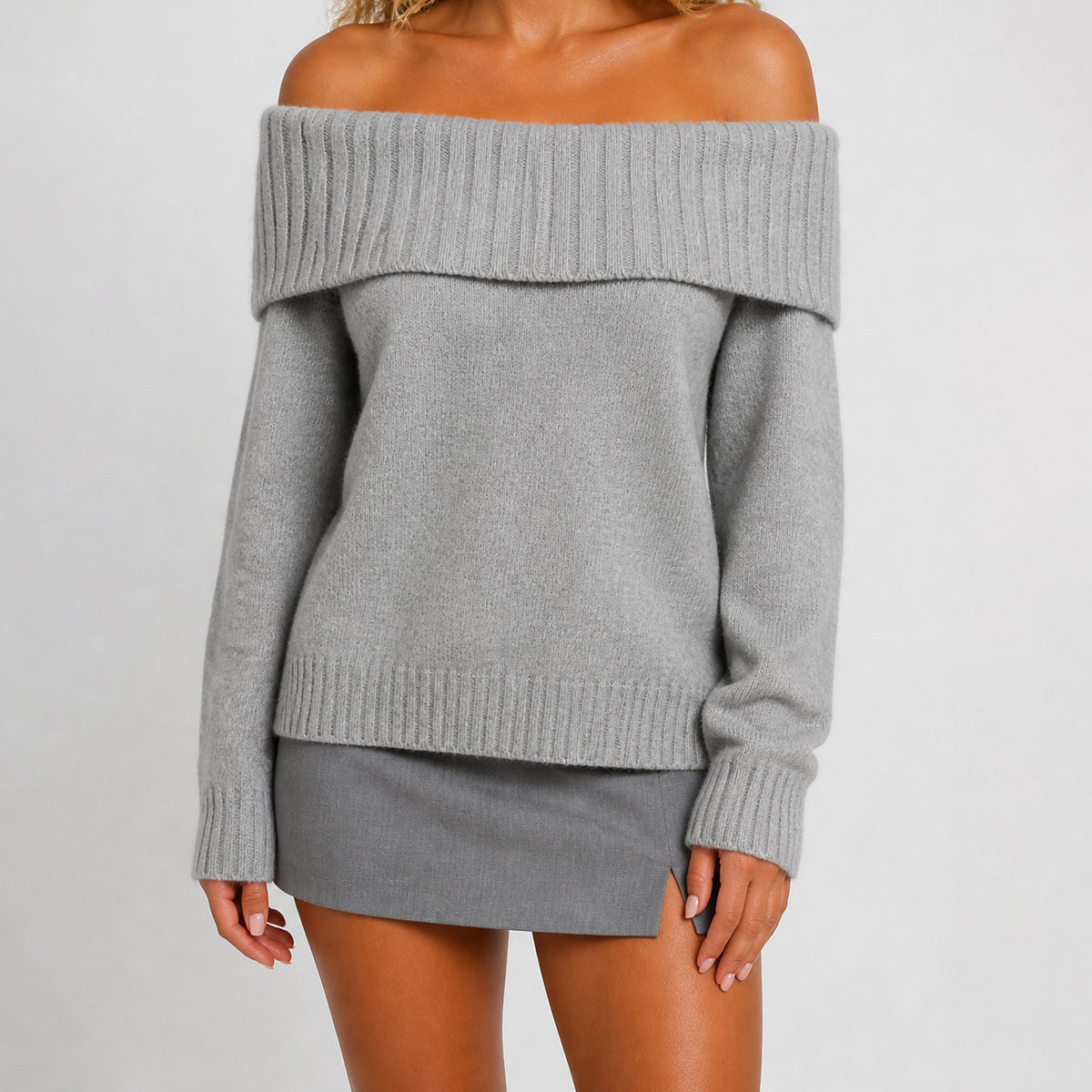 Off Shoulder Sweater for Women — Oversized Fold Over Collar Knit in Soft Wool Blend