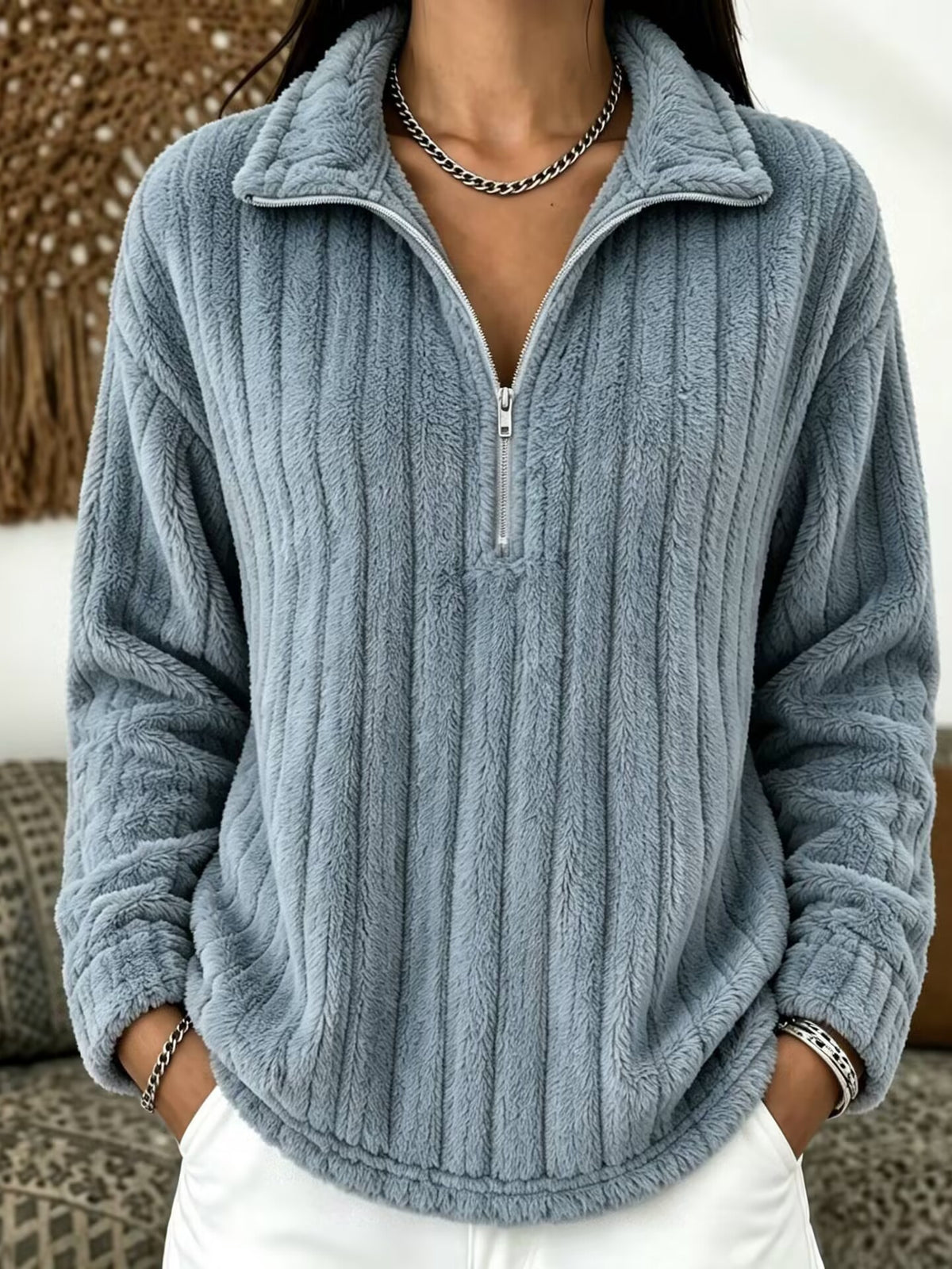 Women’s ribbed plush zip-up pullover sweatshirt in sky blue, long sleeves