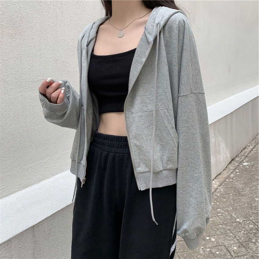 Cropped Zip Up Hoodie for Women — Two Way Zipper and Twin Pockets in Cotton Jersey