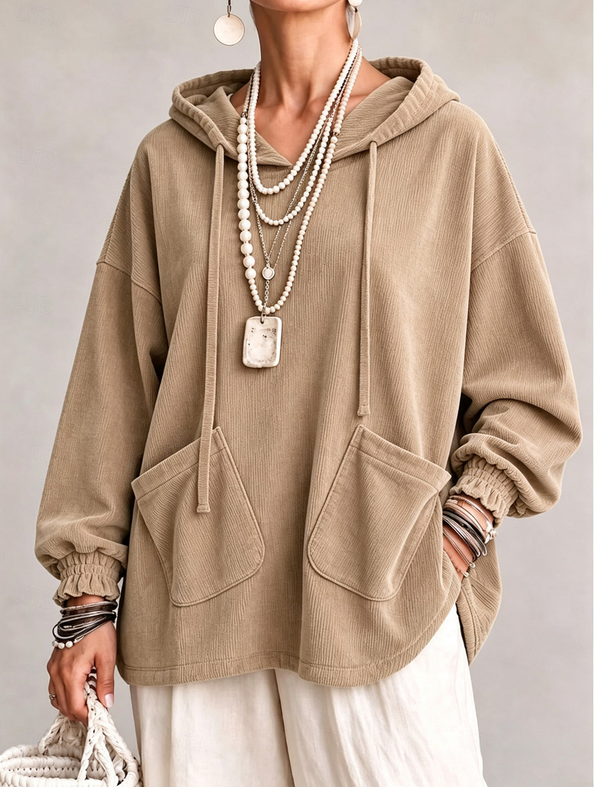 Khaki corduroy hooded drawstring sweatshirt, patch diagonal flap pockets