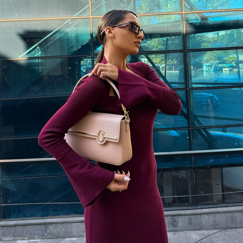 Dark purple square-neck midi knit dress with long sleeves and flared cuffs, front pose