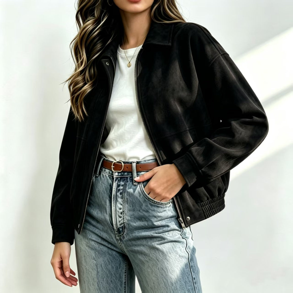 Black suede lapel zipper jacket with ribbed cuffs and side pockets