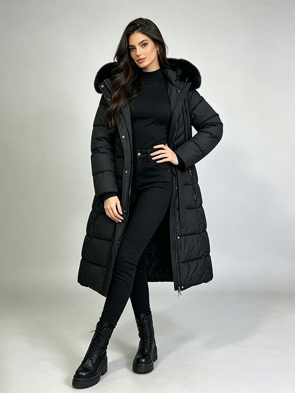 Women's long belted puffer coat with fur-trimmed hood, black
