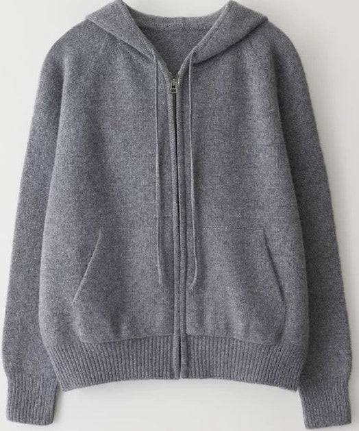 Gray hooded knit zip-up cardigan sweater front close-up, ribbed cuffs and hem