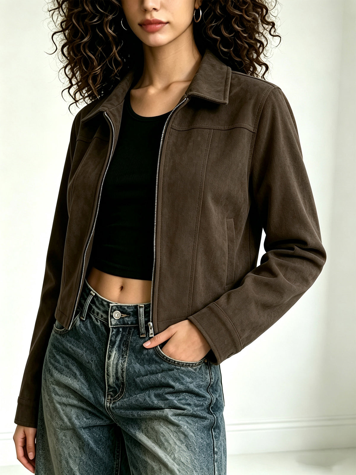 Women's olive green retro lapel jacket with zip front and flap chest pockets