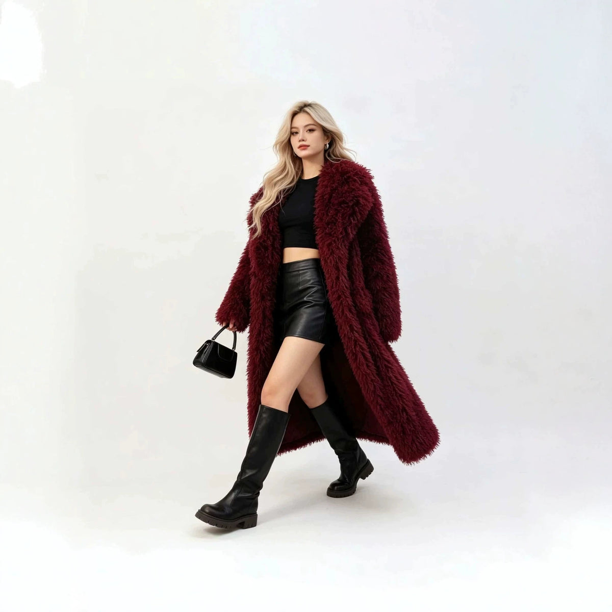 Women’s long faux fur coat, wine red shaggy texture with open front