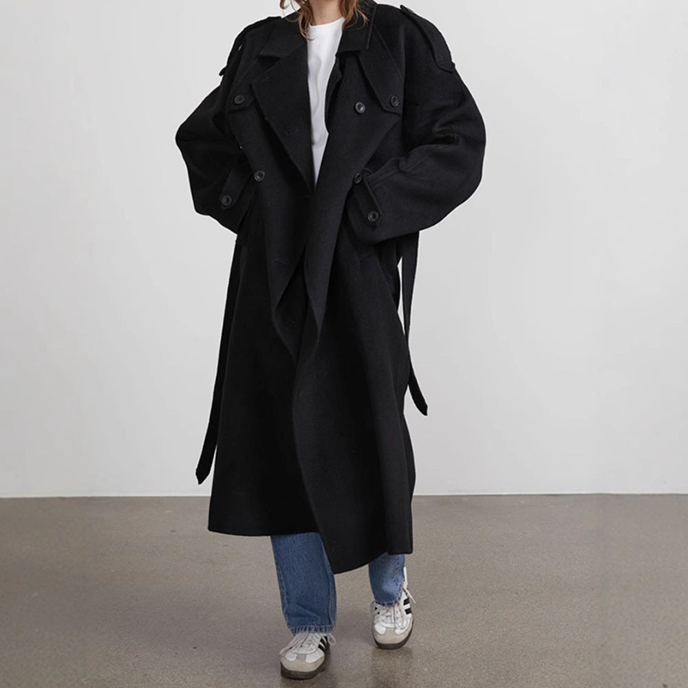 Long Wool Coat for Women — Oversized Double Breasted Belted Maxi Overcoat