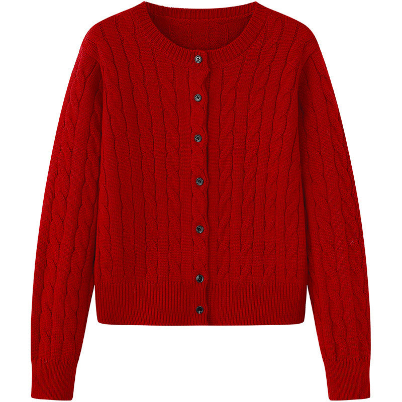 Red twist-knit cardigan sweater with round neck and button-front, long sleeves, cable texture