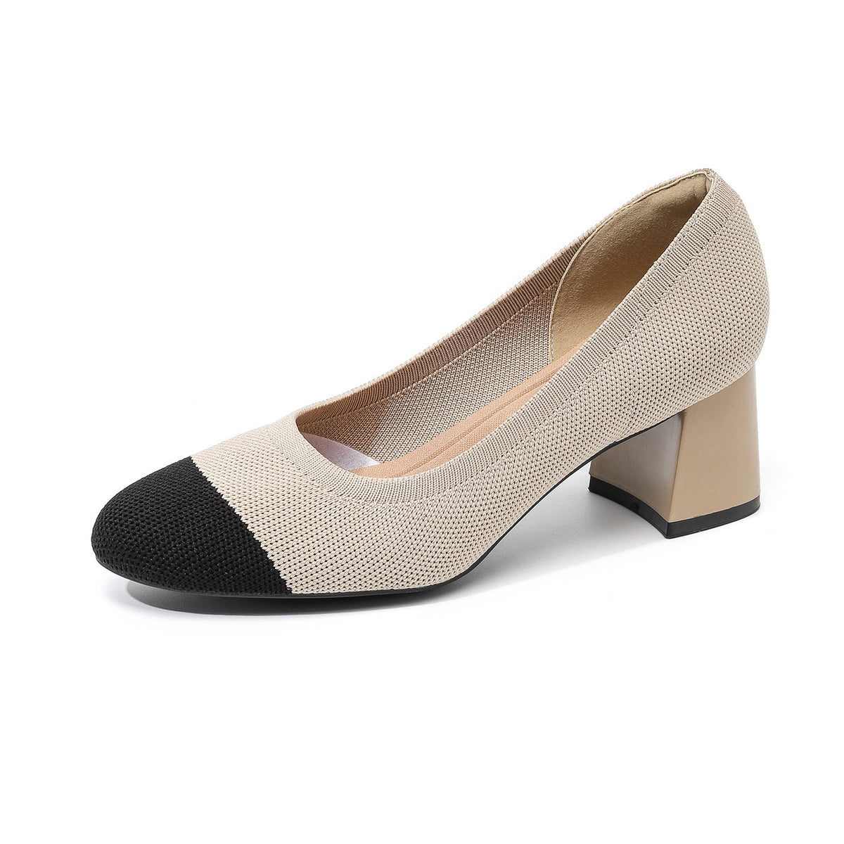 Cream knit pointed-toe pumps with chunky block heel and black toe cap