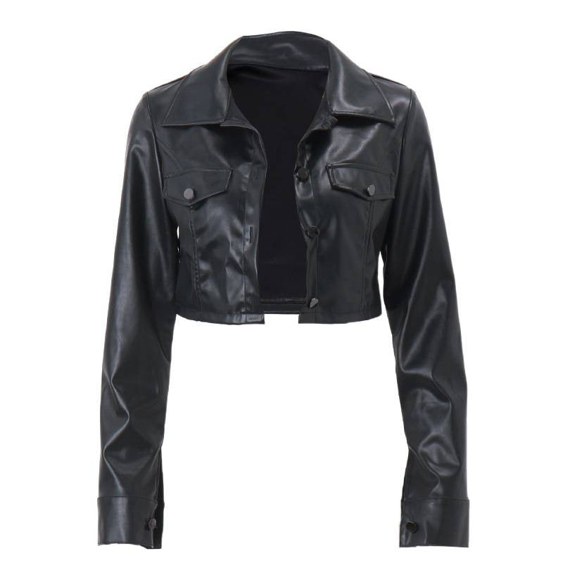 Black cropped leather jacket with notched lapel, button placket, and two chest flap pockets