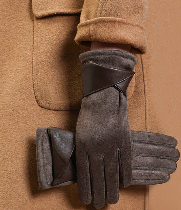 Women’s dark gray velvet gloves with long cuffs and fingered palm paneling