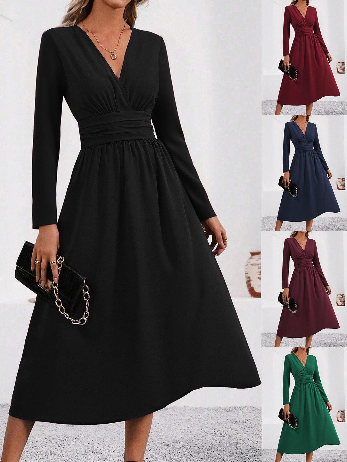 Long Sleeve Midi Dress — Surplice V Neck Pleated Style in Soft Woven Crepe