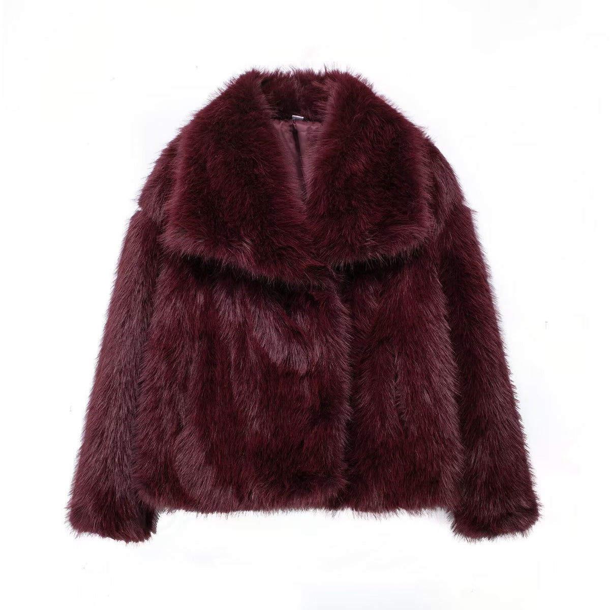 Wine red faux fur jacket back view with wide shawl collar