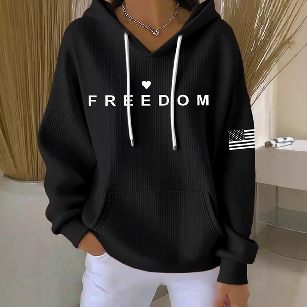 Freedom Graphic Hoodie for Women — Ribbed V Neck Pullover in Soft Cotton