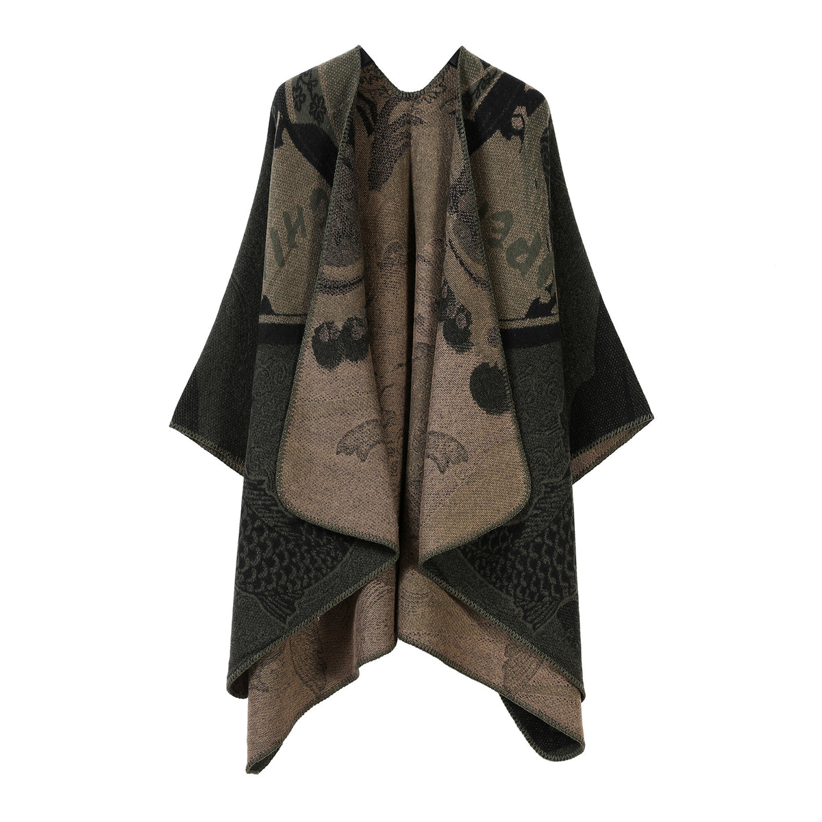 Black and olive/tan foliage patterned double-sided split cape shawl, wide drape