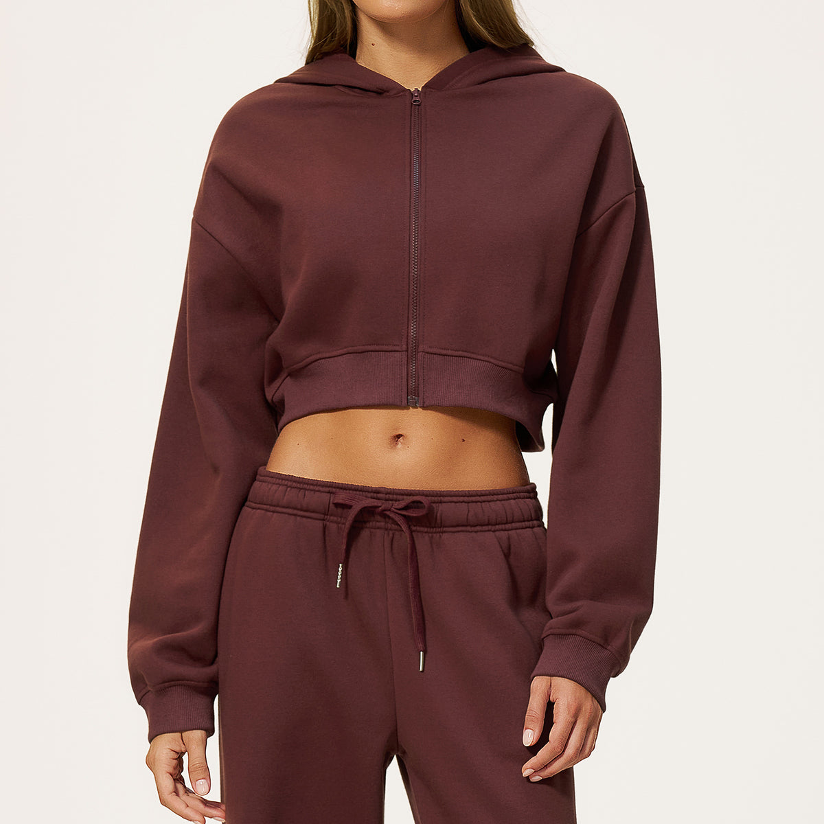 Women’s cropped zip hooded sweatshirt, dark maroon, front zipper and long sleeves