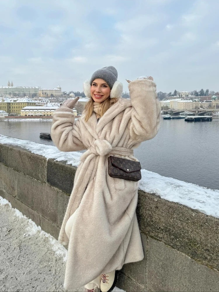 Long hooded faux fur coat with belt tie, beige gray, side view