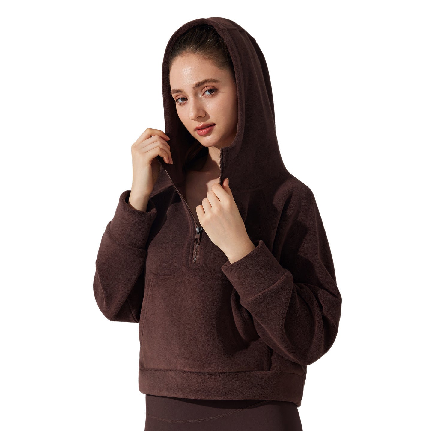 Fleece-lined half-zip sweatshirt with hood, dark brown, front zip and kangaroo pocket