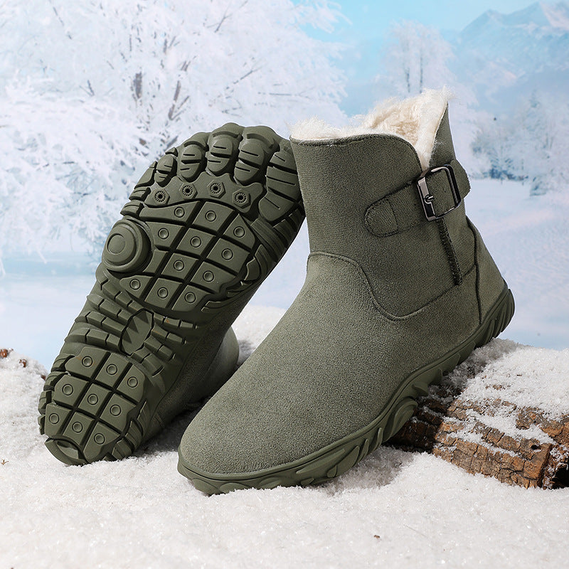 Olive green flat ankle snow boot with faux fur cuff, side buckle strap, chunky tread sole