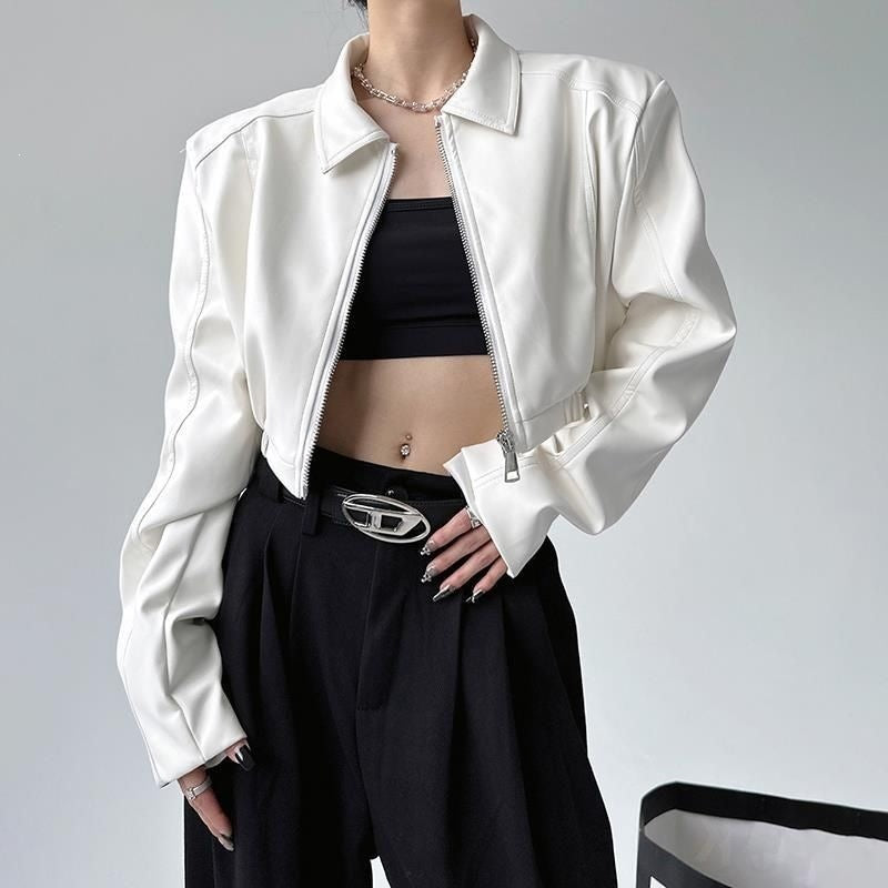 White faux leather cropped boxy jacket with lapel collar and zip front