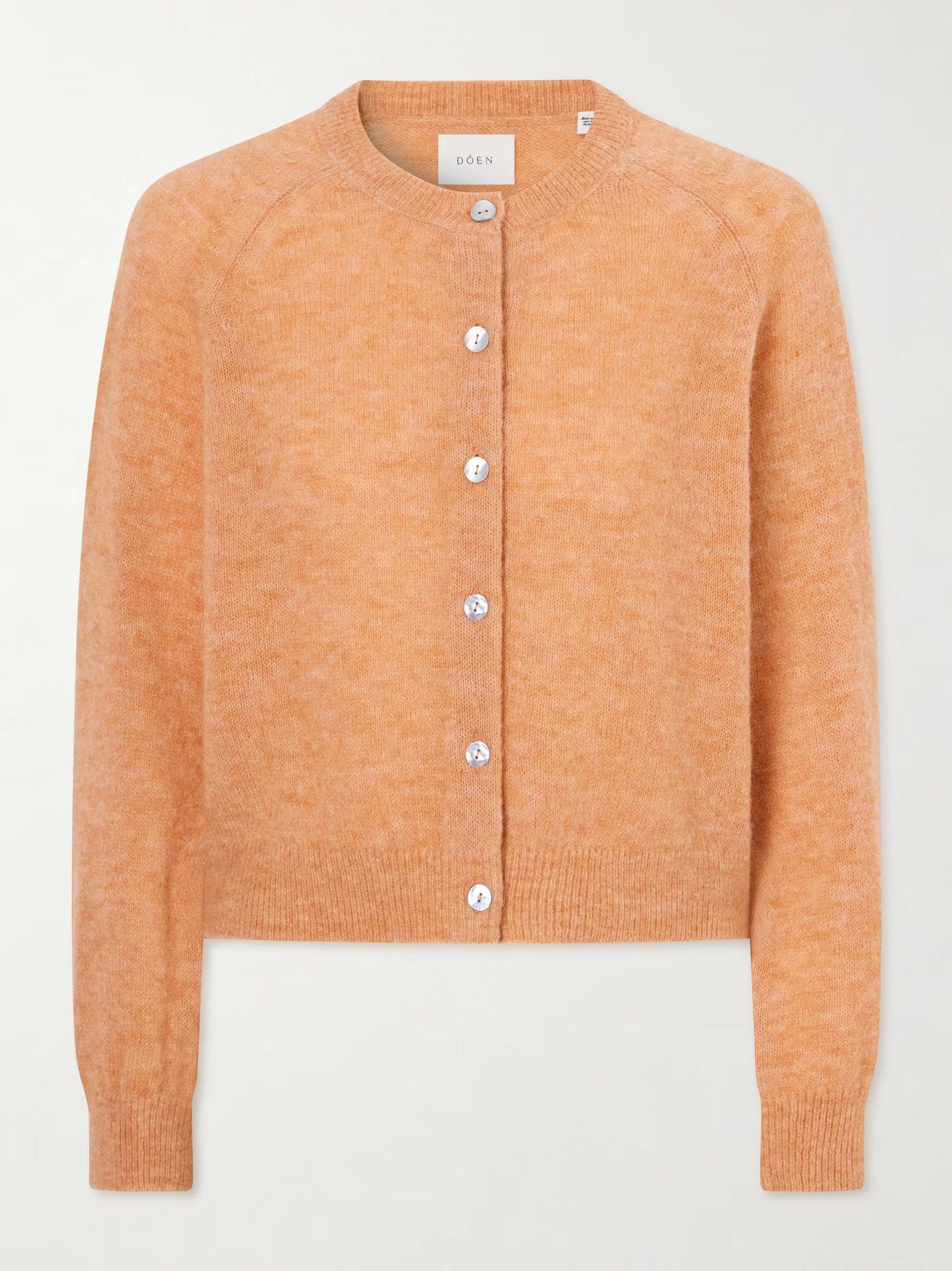 Women's wool-blend knit cardigan, orange flat lay with round neck button front
