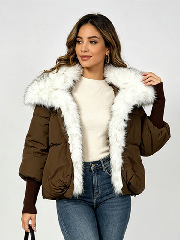 Women's short cotton jacket, dark brown with white faux fur collar, button front and pockets