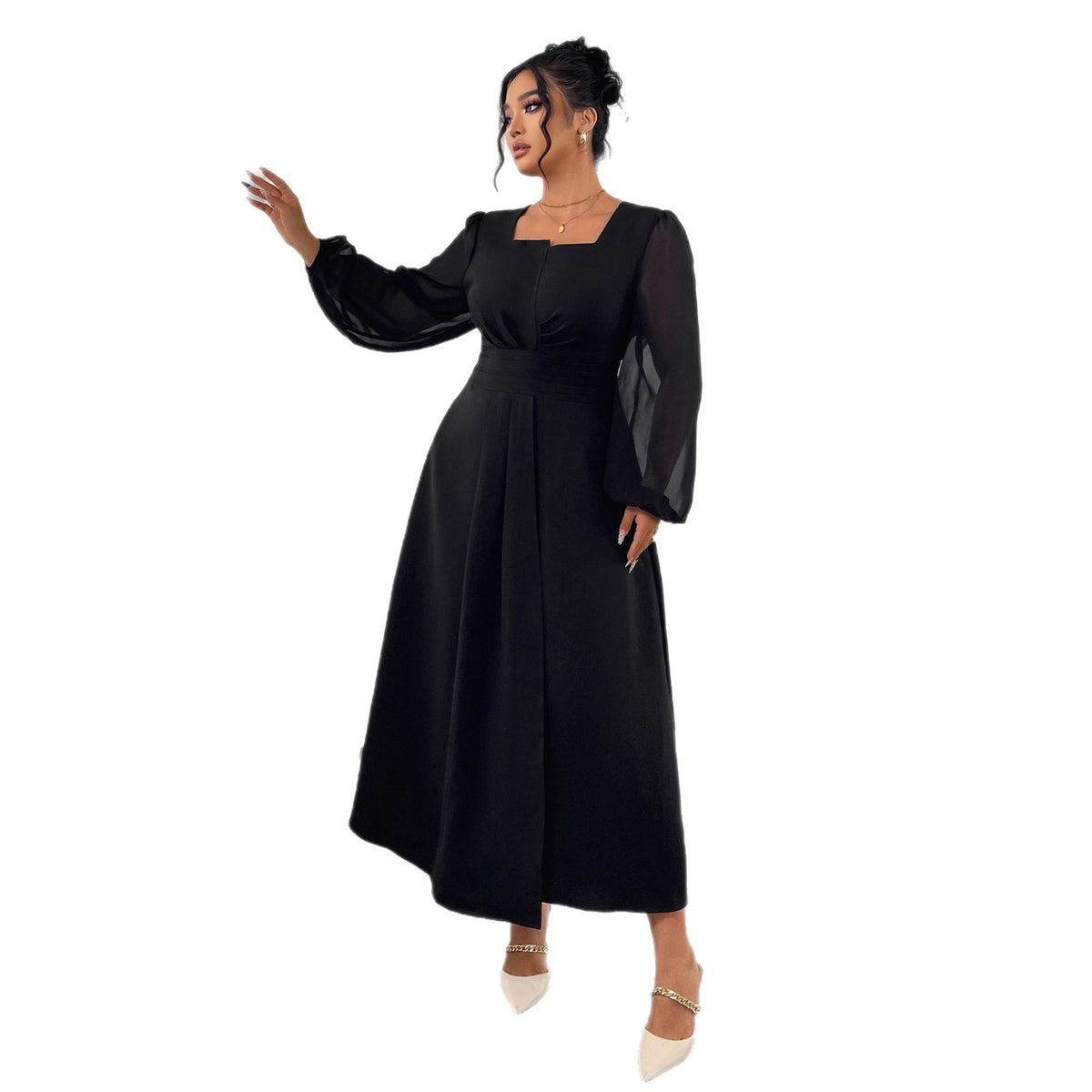 Black long-sleeve midi dress with square neckline, pleated skirt and cinched waist