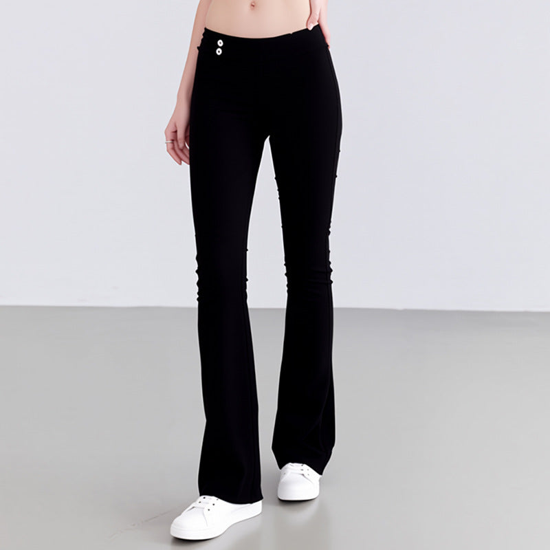 Black high-waisted yoga flare pants with buttoned waistband, wide flared legs