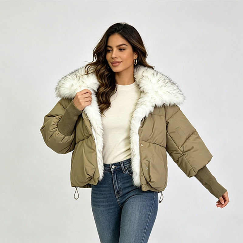Women's short cotton jacket, khaki with white faux fur collar, front view with side pockets