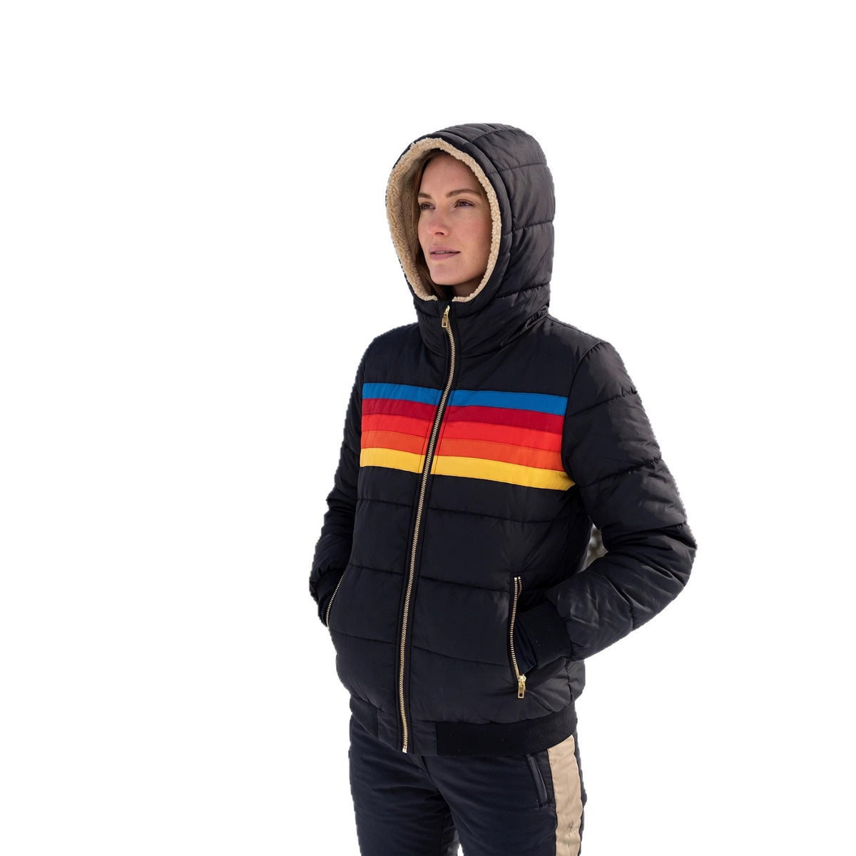 Black hooded short puffer coat with rainbow stripe panel, front zipper, and pocket details