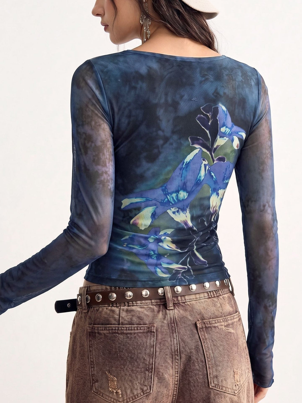Navy blue floral gradient mesh long-sleeve top, slim fit, round neck.