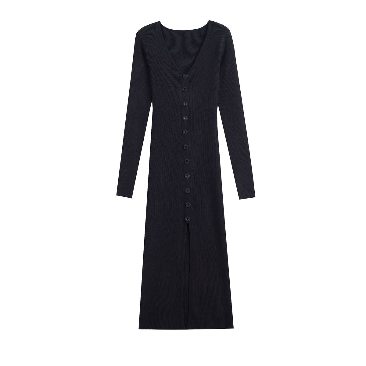 Black ribbed knit V-neck button-front midi dress with long sleeves.