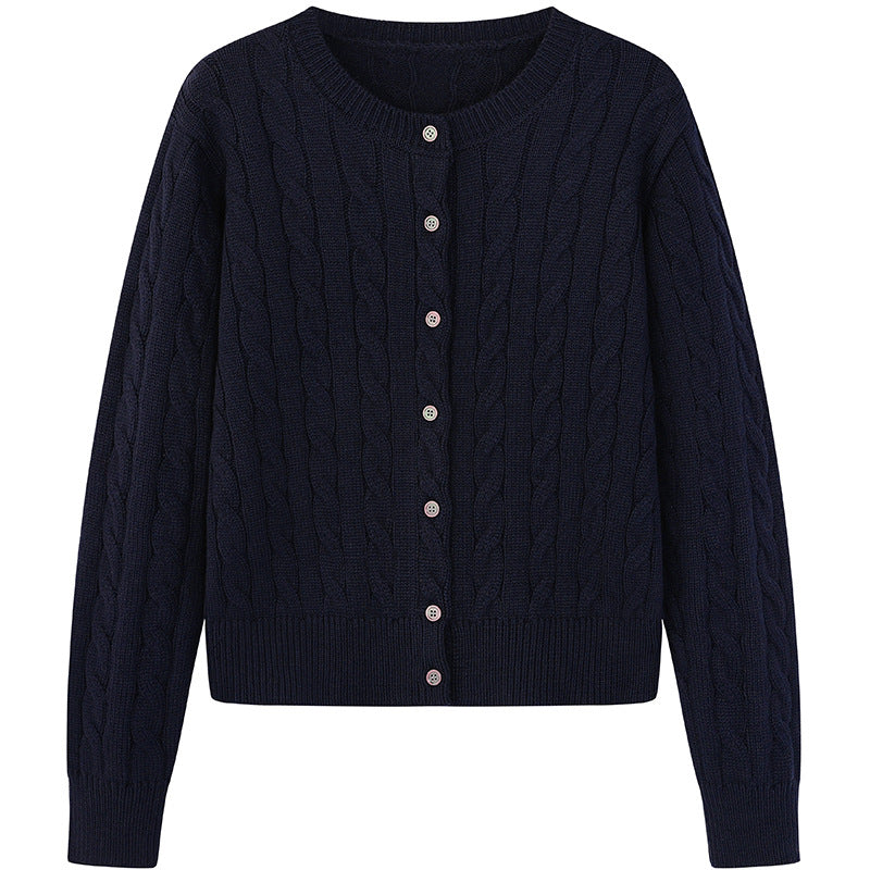 Navy twist-knit cardigan sweater with round neck, button-front, long sleeves, textured cable knit
