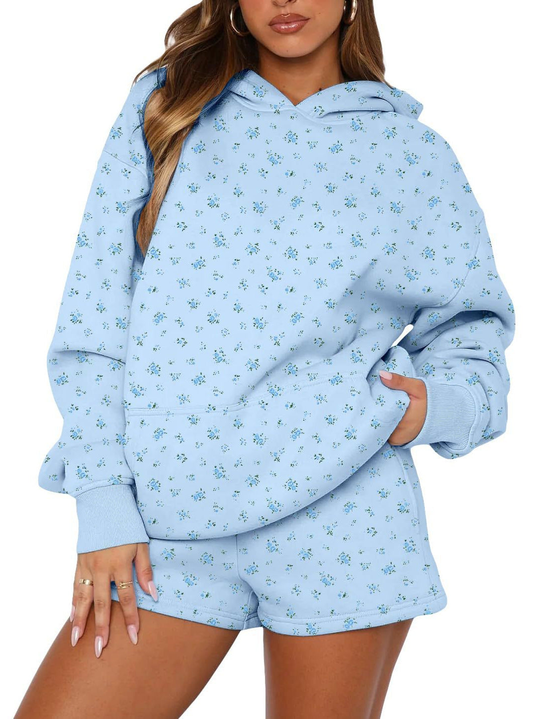 Sky blue floral hooded sweatshirt and shorts set with loose fit