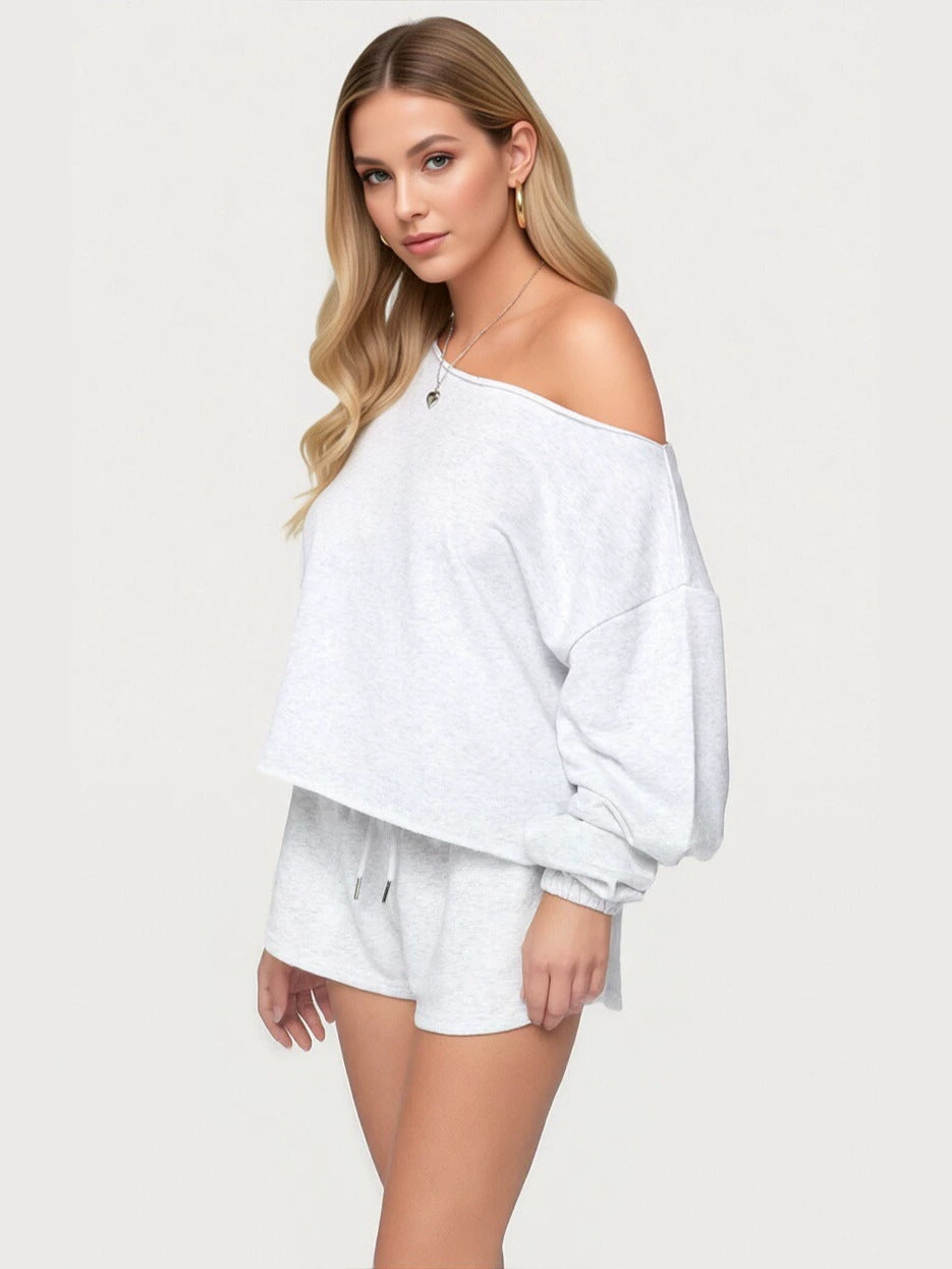 Light gray off-shoulder hoodie set with elastic waist drawstring shorts