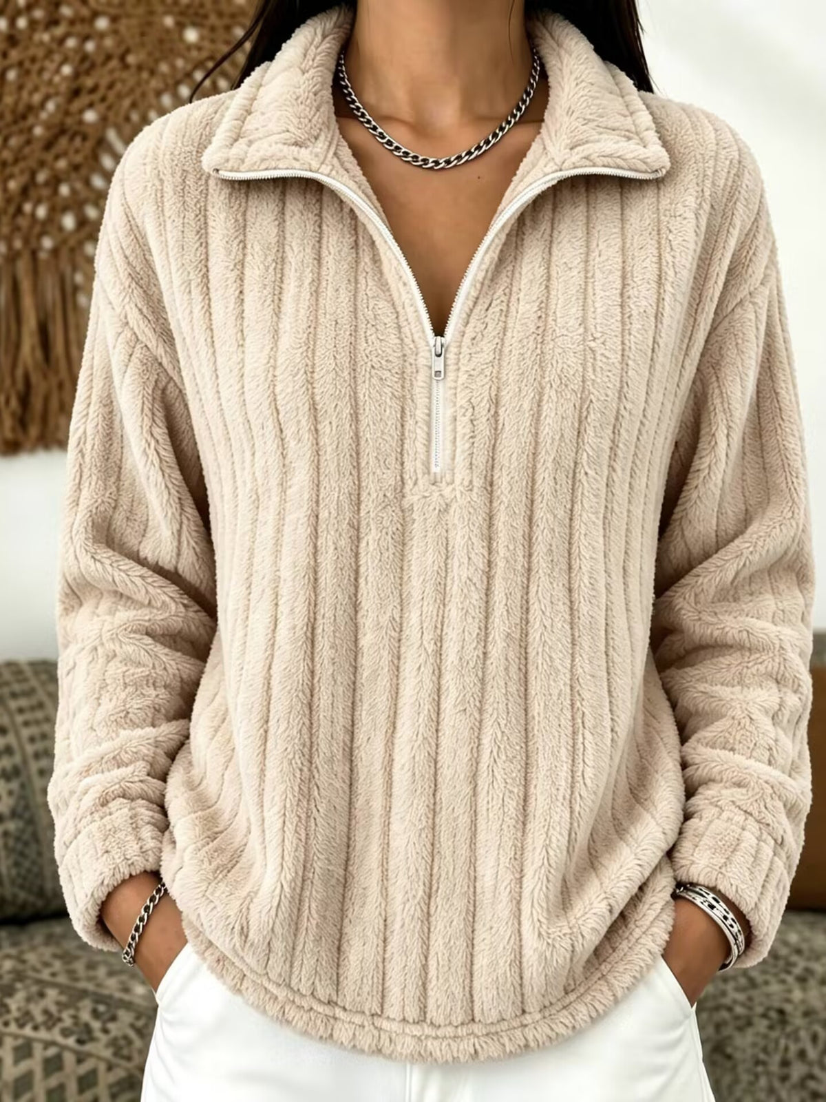 Women’s ribbed plush zip-up pullover sweatshirt in light apricot, long sleeves