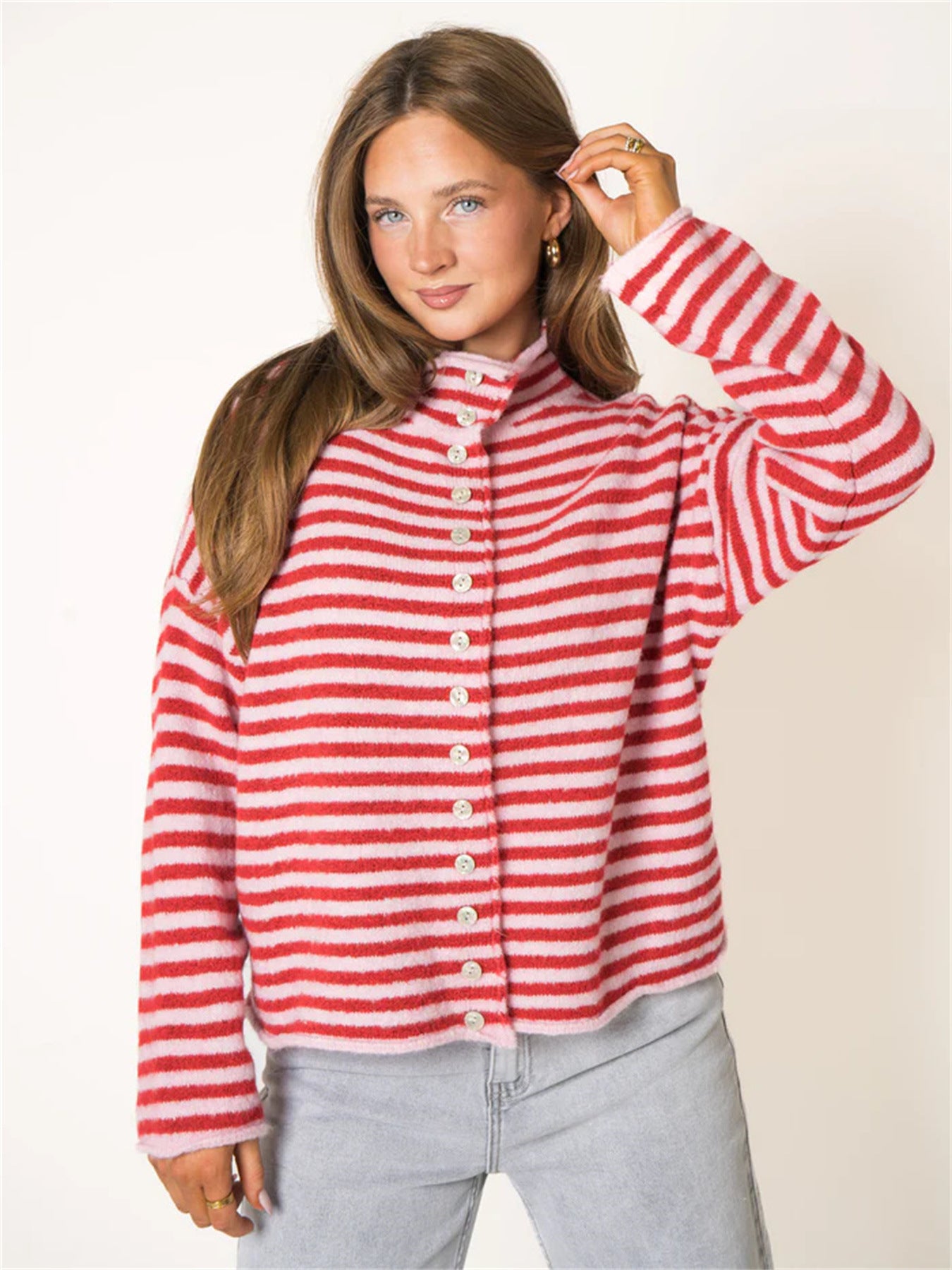 Striped Cardigan Sweater for Women — Button Front Stand Collar Knit in Soft Mohair