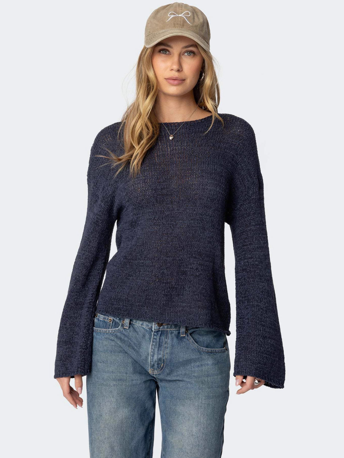 Women’s long-sleeve pullover sweater, dark navy textured knit, round neck