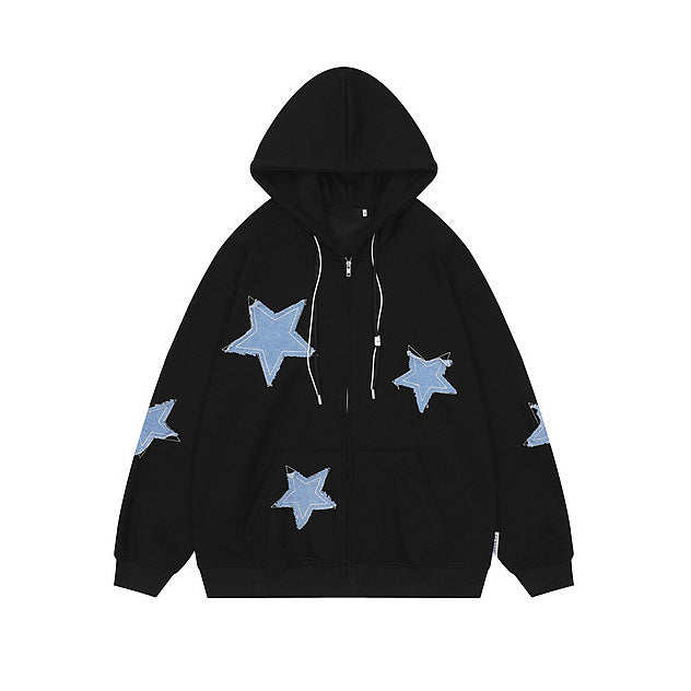 Star Patch Zip Up Hoodie for Women — Oversized Drawstring Fit in Cotton Fleece