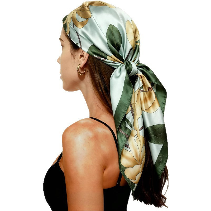 Light green silk square scarf with floral pattern and side bow knot